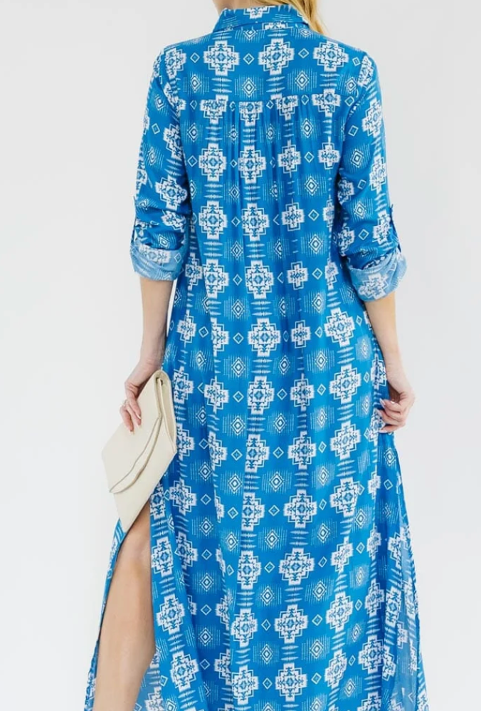 Floral Embroidered Long Sleeve Button Up Maxi Dress with Slit