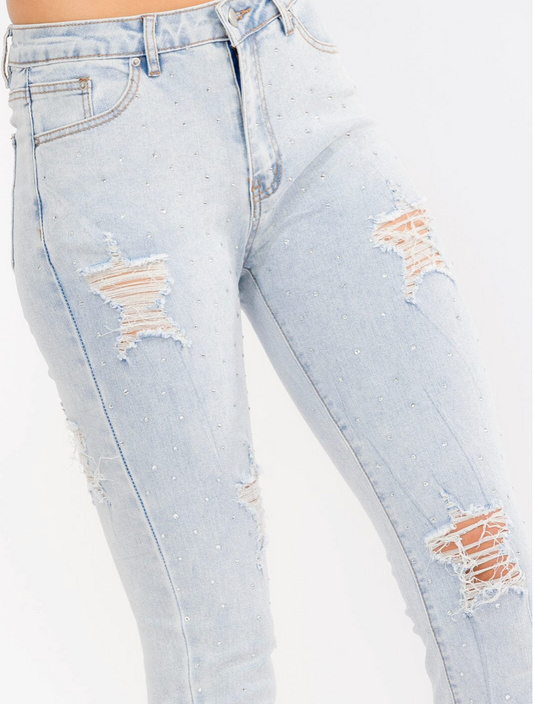 Distressed Denim Skinny Jeans with Rhinestones
