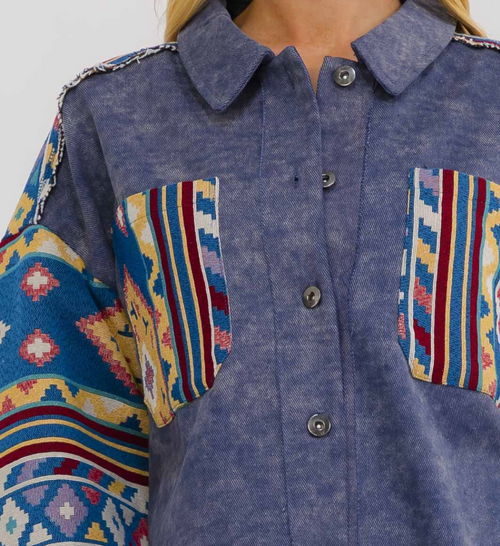 Long Sleeve Denim Shacket with Print in Blue