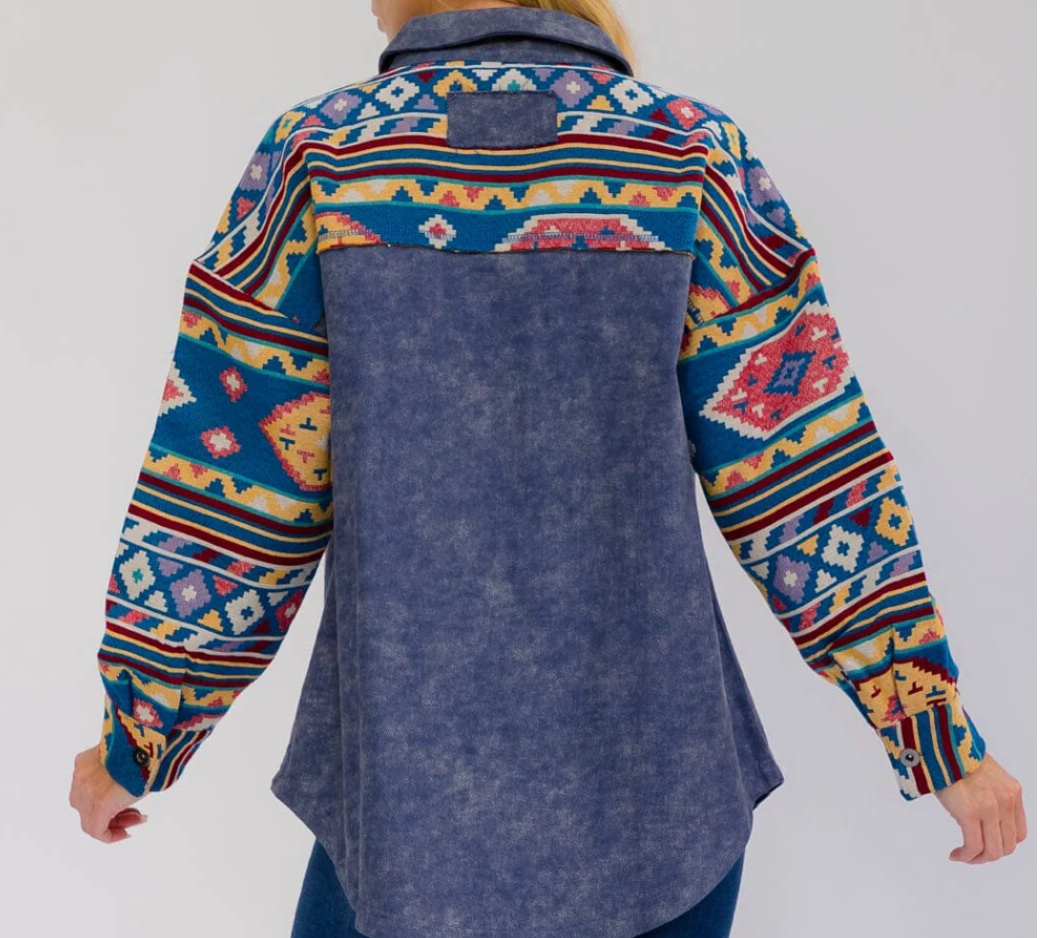 Long Sleeve Denim Shacket with Print in Blue