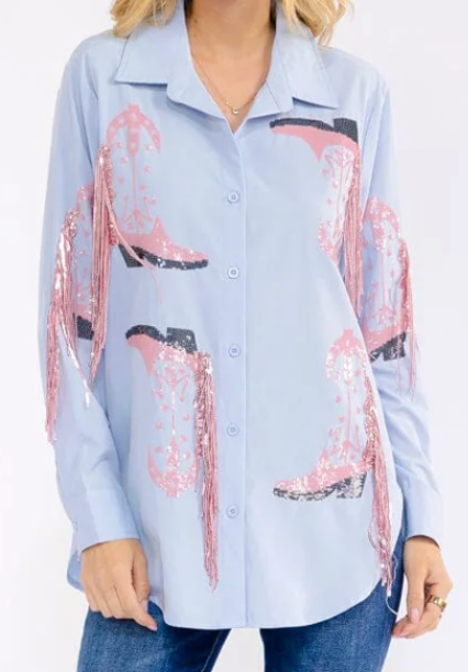 Long Sleeve Button Up with Sequin Cowboy Boots and Fringe
