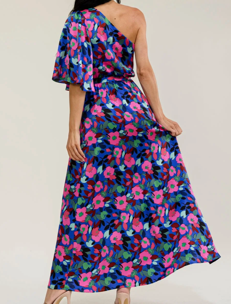 One Shoulder Floral Print Maxi Dress