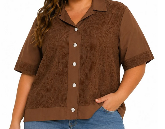 Lace Short Sleeve Button up Blouse