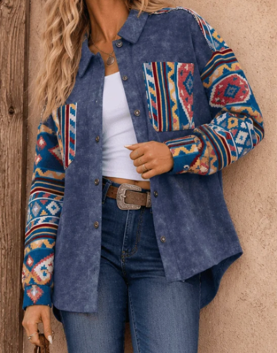 Long Sleeve Denim Shacket with Print in Blue