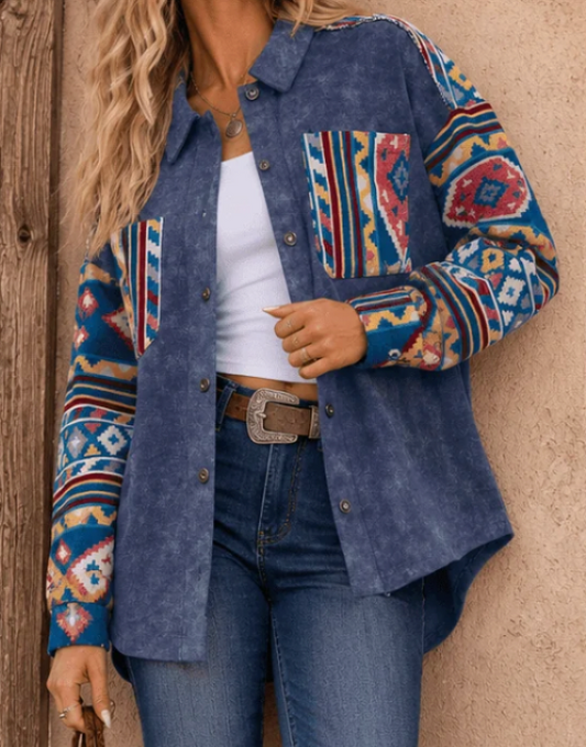 Long Sleeve Denim Shacket with Print in Blue