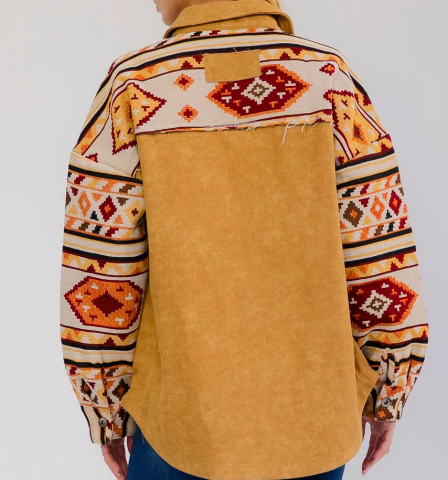 Long Sleeve Denim Shacket with Print in Mustard