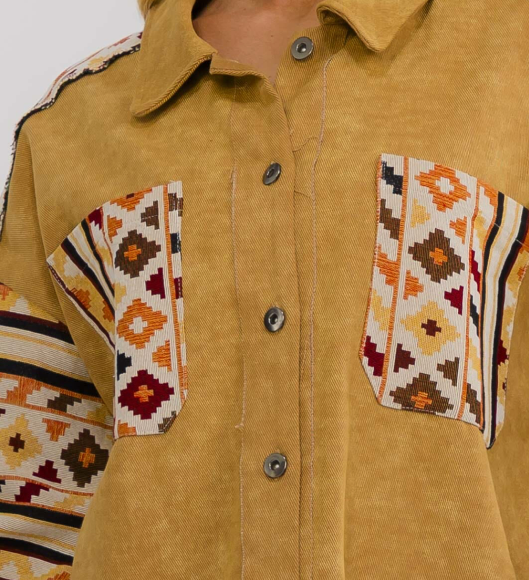 Long Sleeve Denim Shacket with Print in Mustard