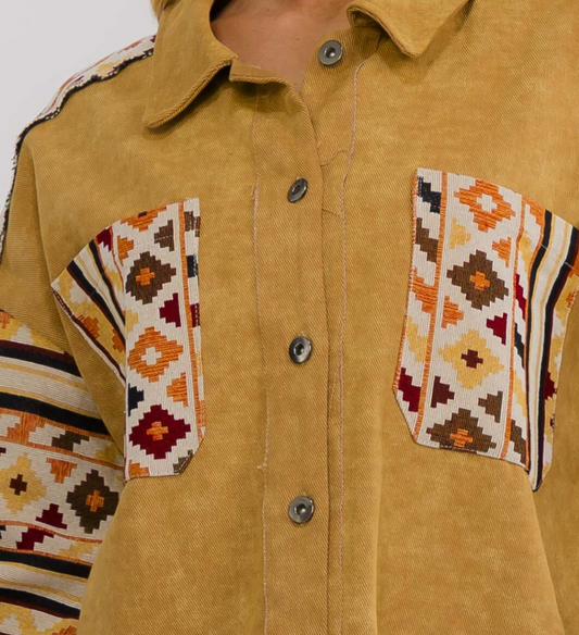 Long Sleeve Denim Shacket with Print in Mustard