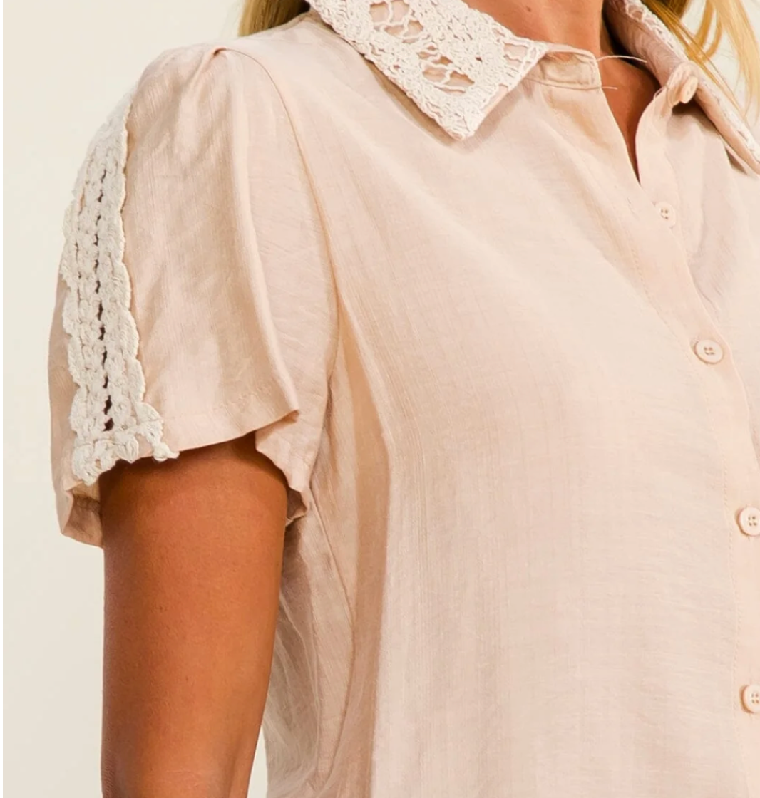 Crochet Short Sleeve Button-up Blouse