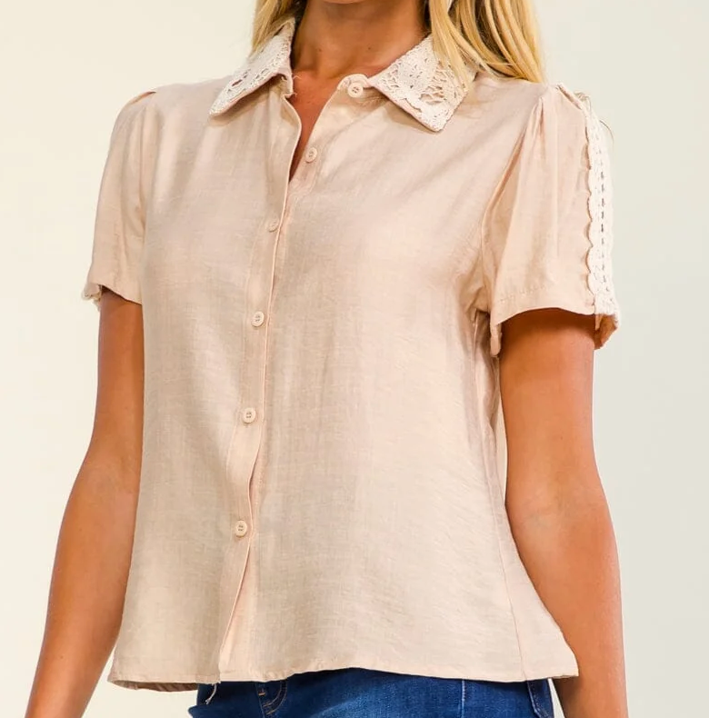 Crochet Short Sleeve Button-up Blouse