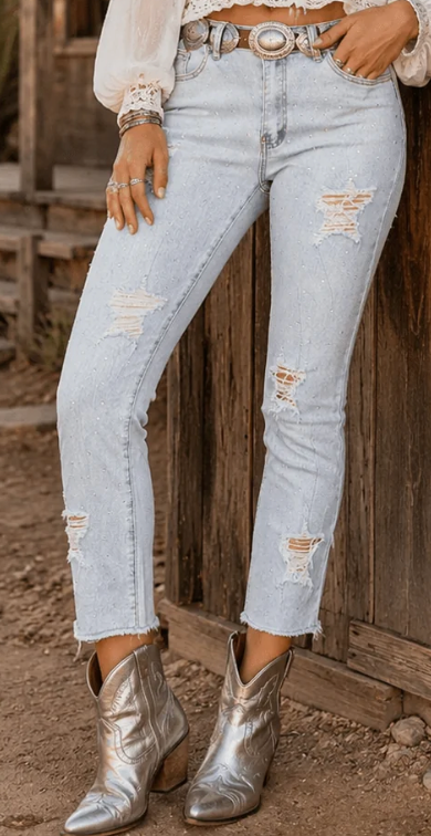 Distressed Denim Skinny Jeans with Rhinestones