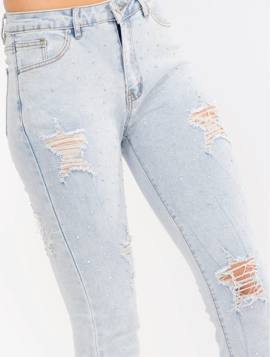 Distressed Denim Skinny Jeans with Rhinestones