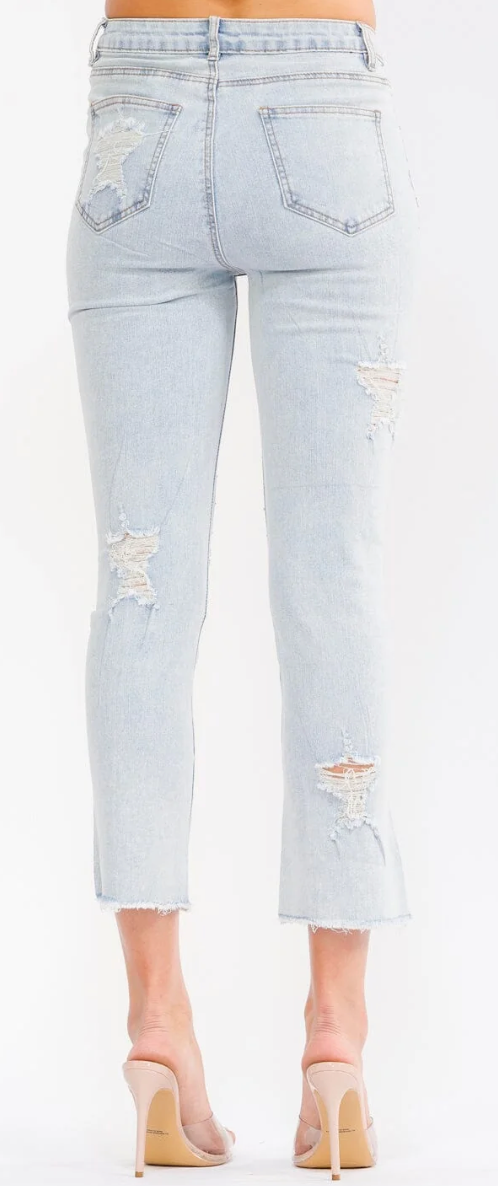 Distressed Denim Skinny Jeans with Rhinestones