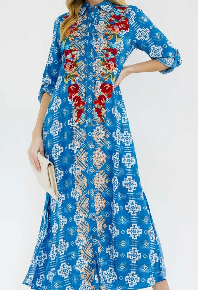 Floral Embroidered Long Sleeve Button Up Maxi Dress with Slit