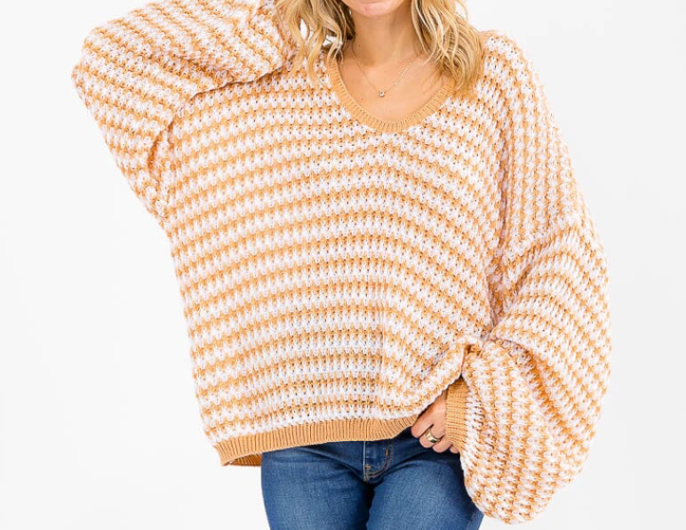 Striped V-Neck Oversized Sweater in Mustard