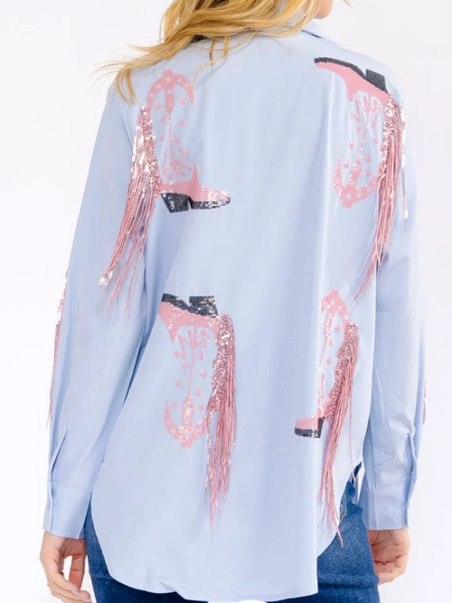 Long Sleeve Button Up with Sequin Cowboy Boots and Fringe