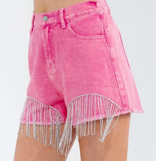 Pink Fringe Washed Denim Shorts