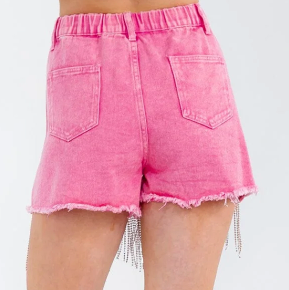 Pink Fringe Washed Denim Shorts