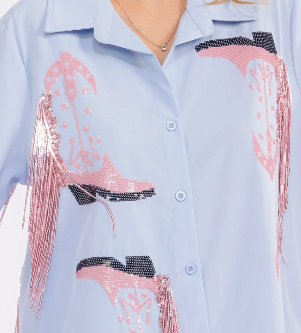 Long Sleeve Button Up with Sequin Cowboy Boots and Fringe